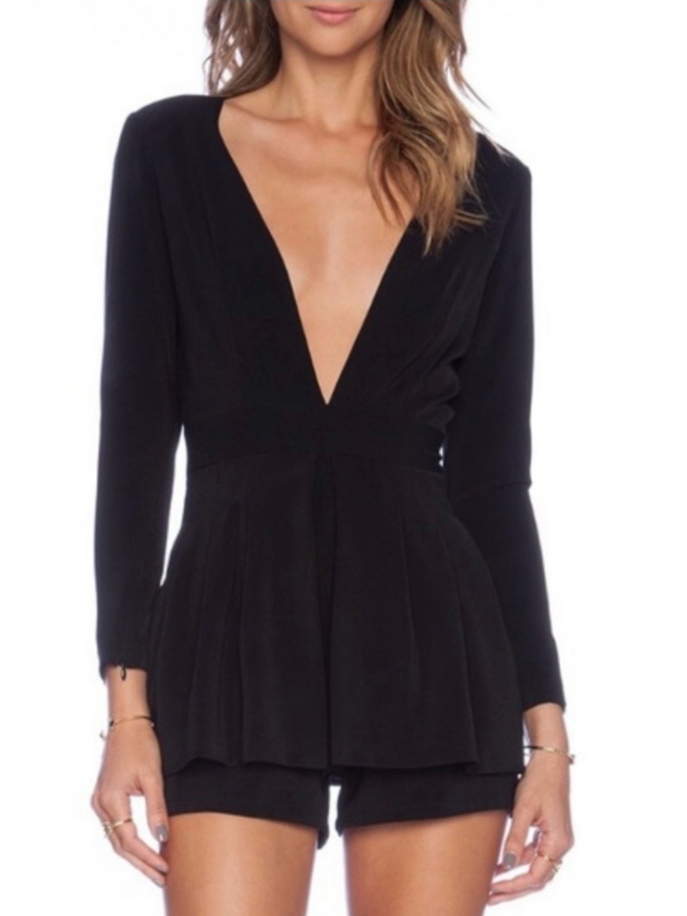 Lovers + Friends Love Always Deep V Romper Long Sleeve Skort Black (Size XS)